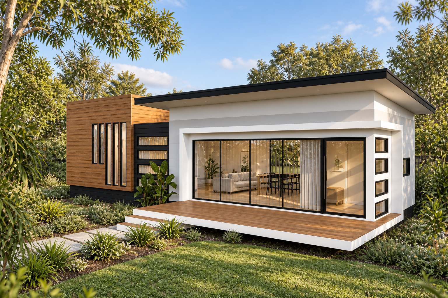 Raunik Design Group modular cabin concept — AI-enhanced exterior visualisation, view 3