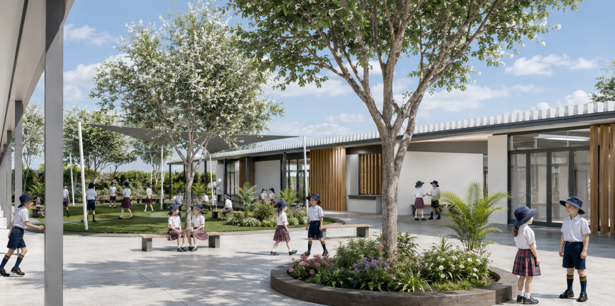 Lindisfarne Junior School courtyard render with students in school uniform
